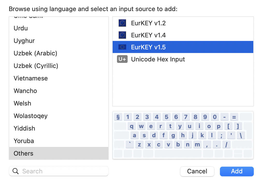 EurKEY in the input sources list
