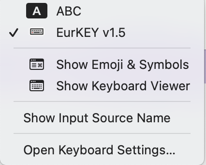 Selecting EurKEY from the menu bar dropdown